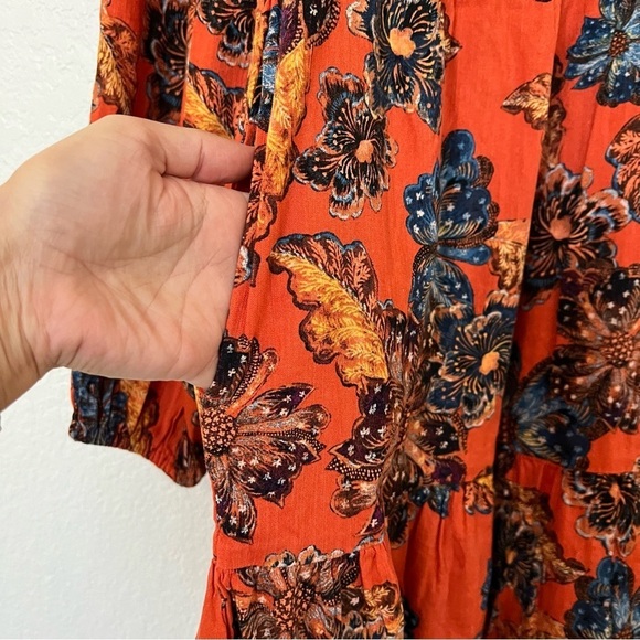2/$30 Old Navy Tie-Neck Tiered Cotton Mini Floral Swing Dress Orange - Picture 11 of 15